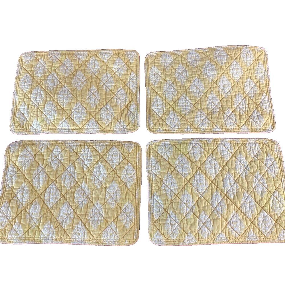 (4) Fabric Quilted Placemats 15x12 Cotton Yellow‎ Cottage Core